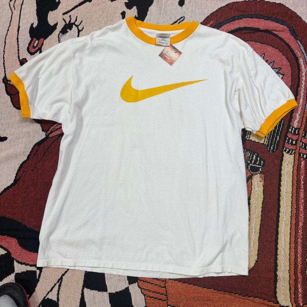 Vintage Nike Ringer T-Shirt Mens Large White Orange Swoosh Made in USA NWT